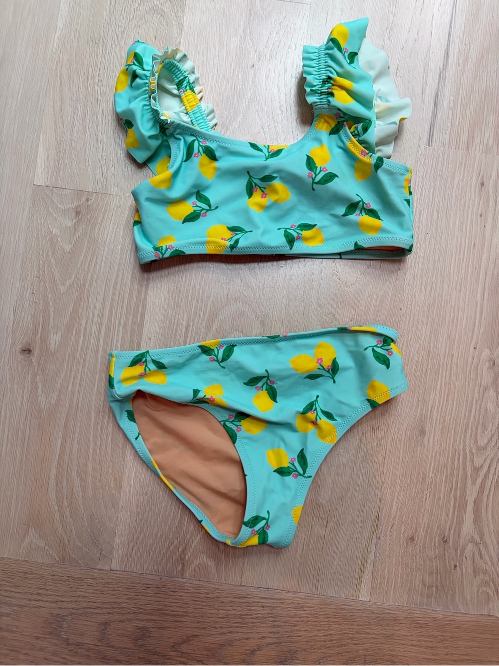 J. Crew Girls Aqua Lemon Print Ruffle Strap Two-Piece Swim Set